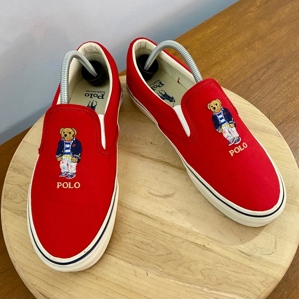 Polo Ralph Lauren Keaton Polo Bear Slip On Canvas Sneakers Shoes Red Mens Sz 9 - Picture 7 of 15